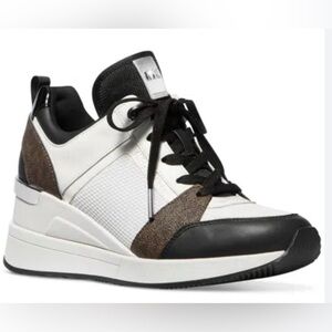 NIB Michael Kors Georgie Wedge trainers in Brown, White & Gold Multi. Size 10 M